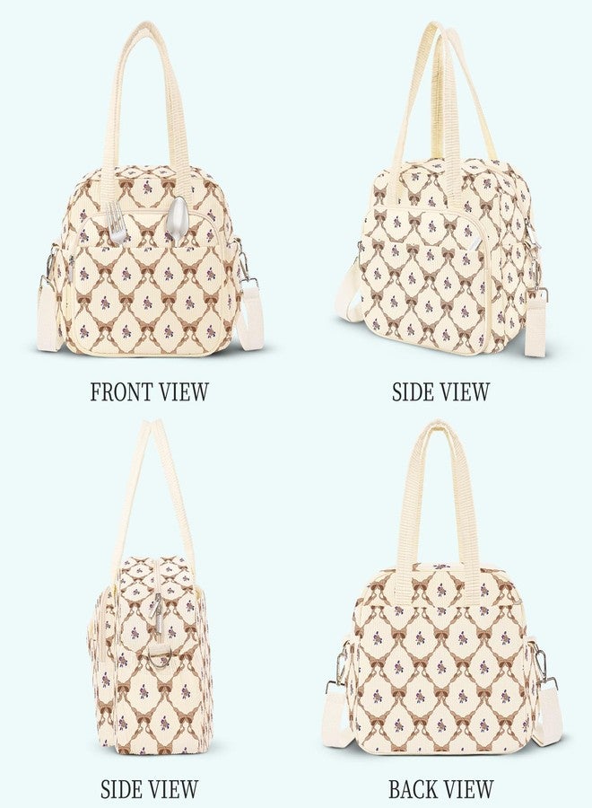 WOBAGMEN Lunch Box for Women,Insulated bow&flower Corduroy Lunch Tote Cute Lunch bag with Shoulder Strap, Multiple Pockets, Adult Teacher Nurse Bento Lunch Box for Women for work Picnic - Image 3